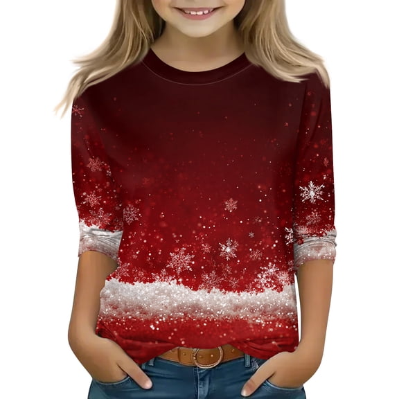 CCRFTGI Christmas Fall Shirts for Girls 3/4 Length Sleeve Trendy Cute Shiny Snowflake Print Tee Shirts Basics Crewneck Shirts Fashion Fall Winter Outfits Wine 10-11 Years