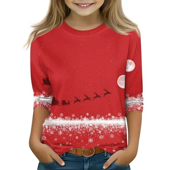 CCRFTGI Christmas Girls Tops 12-14 3/4 Sleeve Shirts Fall Cute Shiny Snowflake Print Shirts Size 10-12 Kids Crew Neck Tee Shirts Trendy Plain Tween Girls Clothes Hot Pink 7-8 Years