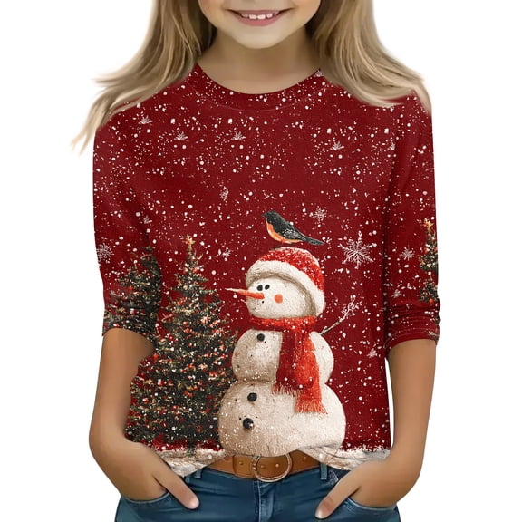 CCRFTGI CHristmas Girls Tops Size 10-12 3/4 Sleeve Shirts Fall Cute Shirts Size 10-12 Crew Neck Tee Shirts Trendy Kids Tween Girls Xmas Snowman Print Clothes Mint Green 10-11 Years