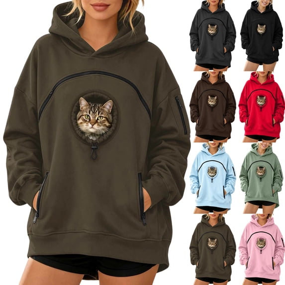 CCRFTGI Cat Pouch Hoodie For Women Kangaroo Pocket Dog Pouch Sweatshirts Pet Carrier Animal Holder Long Sleeve Pullover Tops Army Green XXXL