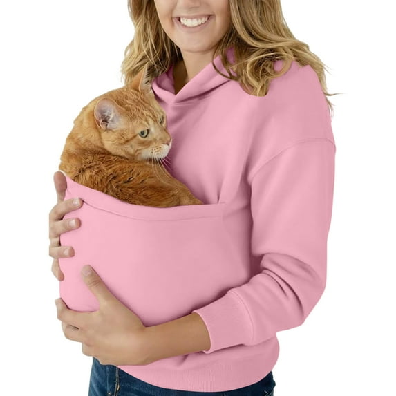 CCRFTGI Cat Pouch Hoodie for Women Cozy Soft Kangaroo Kitten Puppy Holder Sweatshirt Waffle Dog Carrying Hoodie Wearable Pet Carrier Sweatshirt Pink 2XL