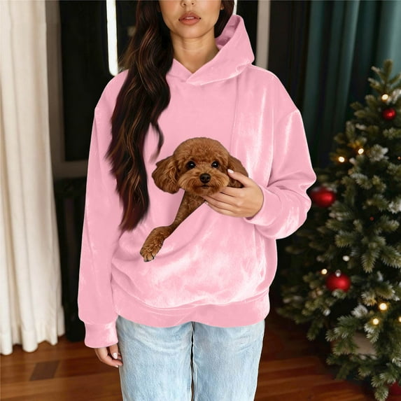 CCRFTGI Cat Pouch Hoodie for Women Fuzzy Kangaroo Kitten Puppy Holder Hoodie Fleece Cat Carrying Hoodie Wearable Pet Carrier Sweatshirt Pink M