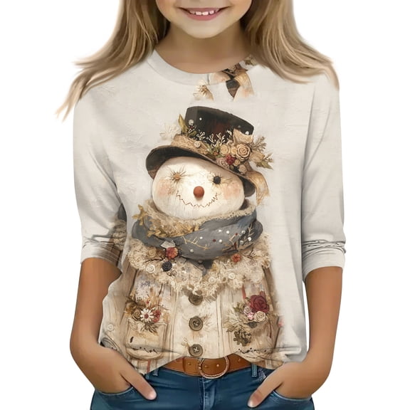 CCRFTGI Christmas 3/4 Sleeve Shirts for Girls Fall Cute Plain Shirts Size 10-12 Kids Crew Neck Tshirt Trendy Girls Tops Tween Girls Print Clothes Beige 7-8Years