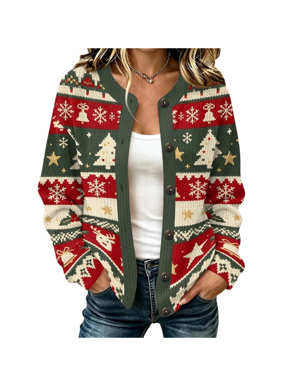 Christmas Fair Isle Cardigan Sweaters for Women Crew Neck Button Up Long Sleeve Knit Sweater Print Open Front Casual Vintage Fall Winter Outerwear Green M