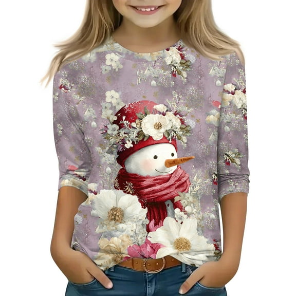 CCRFTGI Christmas Girls 3/4 Length Sleeve Shirt Spring Trendy Basic Shirts Size 10-12 Kids Shirt Cute Print Crew Neck Tee Shirts Girls Tops Tween Girls Clothes Purple 10-11Years