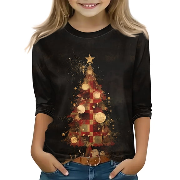 CCRFTGI Christmas Girls 3/4 Sleeve Shirts Size 10-12 Plain Tween Girls Xmas Tree Print Clothes Kids Crewneck Cute Tee Shirt Trendy Fall Print Outfits Black 7-8Years
