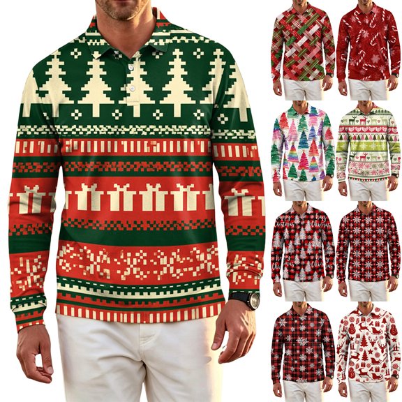 CCRFTGI Christmas Long Sleeve Polo Shirts for Men Casual Lightweight Performance Polo Tee Moisture Wicking Quick Dry Classic Xmas Tree Gift Golf Polos for Men Green L