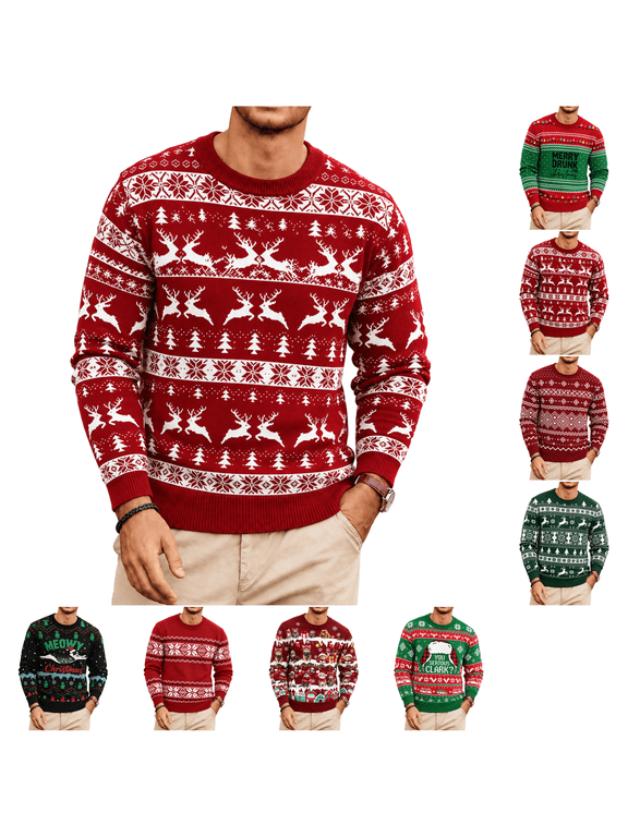 Christmas Mens Sweater Crewneck Long Sleeve Knit Casual Holiday Pullover Fall Fashion Cute Xmas Reindeer Print Regular Fit Sweaters Wine S