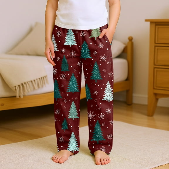 CCRFTGI Christmas Pajama Pants for Girls Boys Flannel Soft Cute Xmas Tree Snowflake Print Pj Pants Loose Elastic Waist Pajamas Pants Holiday 2025 Fashion Bottom Trousers Wine 12-13Years