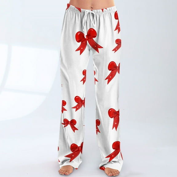 CCRFTGI Christmas Pajama Pants Women Casual Funny Bowknot Pajama Pants Trendy Drawstring Elastic Waist Wide Leg Sleepwear Holiday Sleepwear Red M