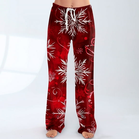 CCRFTGI Christmas Pajama Pants Women Casual Funny Snowflake Print Pajama Pants Comfy Drawstring Elastic Waist Wide Leg Pajama Pants Lightweight Sleepwear Wine M