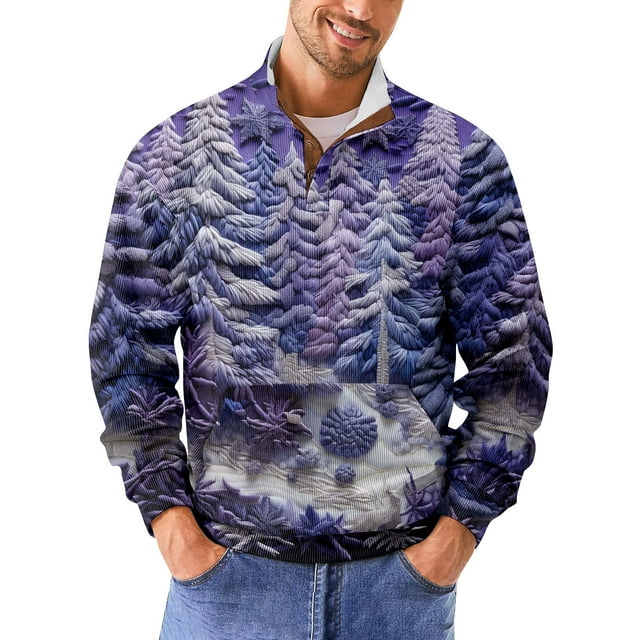 CCRFTGI Christmas Sweatshirt Men Cord High Henley Neck 3D Xmas Tree