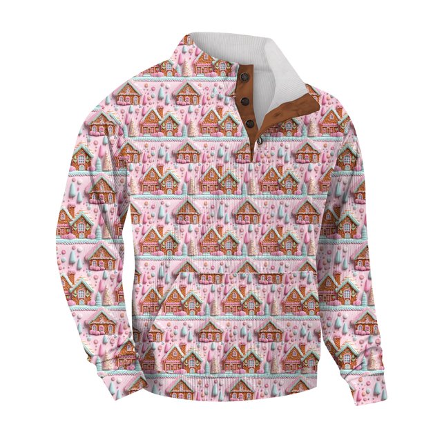 CCRFTGI Christmas Sweatshirt Men Lapel Neck Christmas House Print