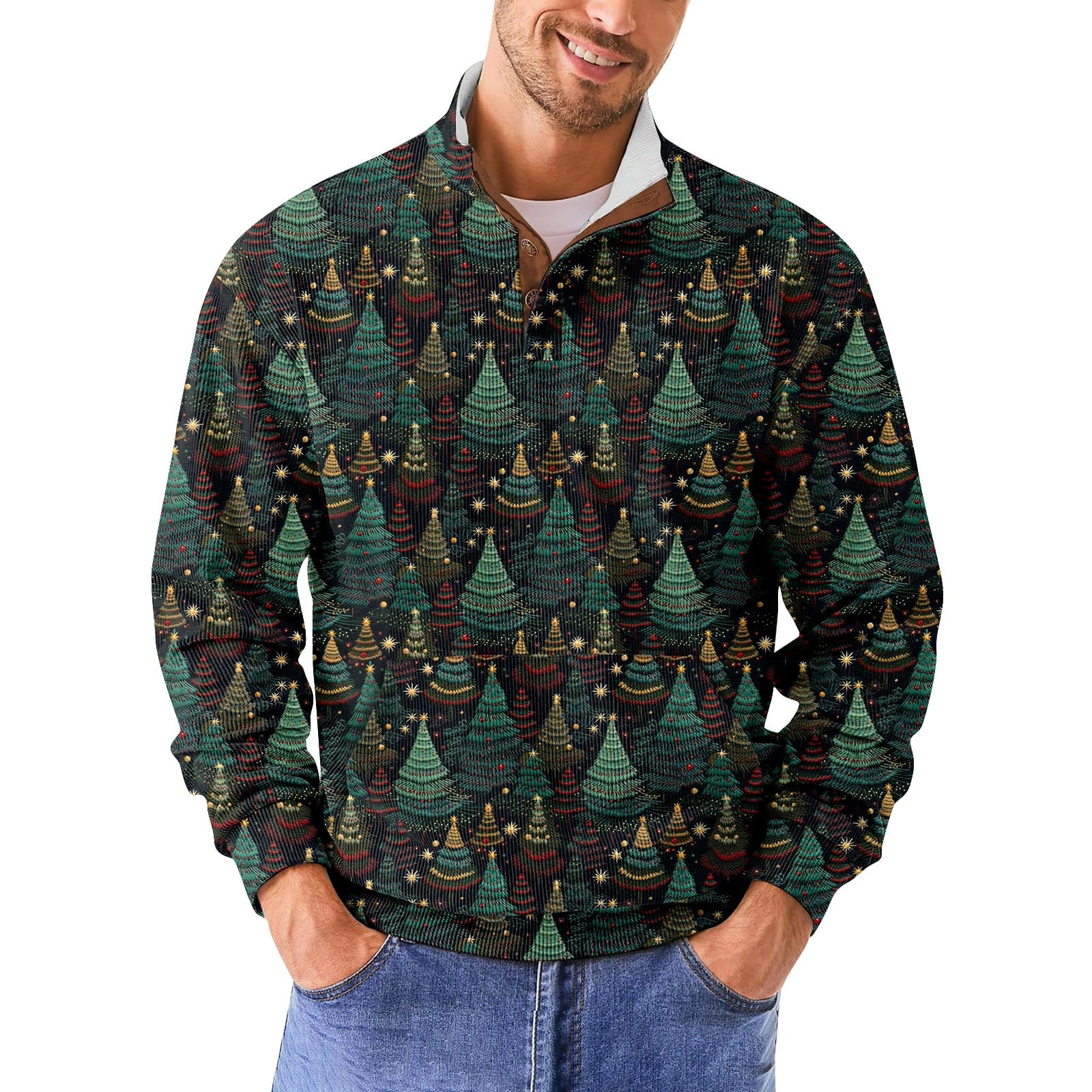 CCRFTGI Christmas Sweatshirts for Men Corduroy Stand Collar 3D Xmas