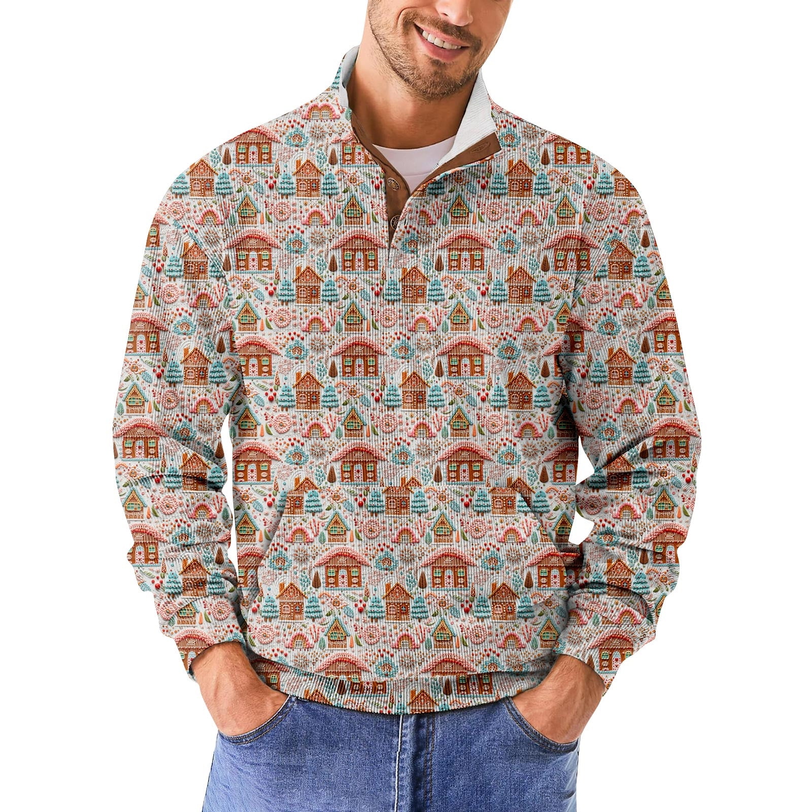 CCRFTGI Christmas Sweatshirts for Men Corduroy Stand Collar Christmas