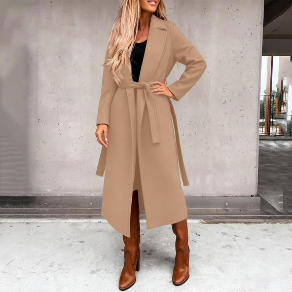 CCRFTGI Coats for Women Casual Belted Wool Trench Mid-Long Coat Fashion Lapel Collar Coat Winter Overcoat with Belt Camel M