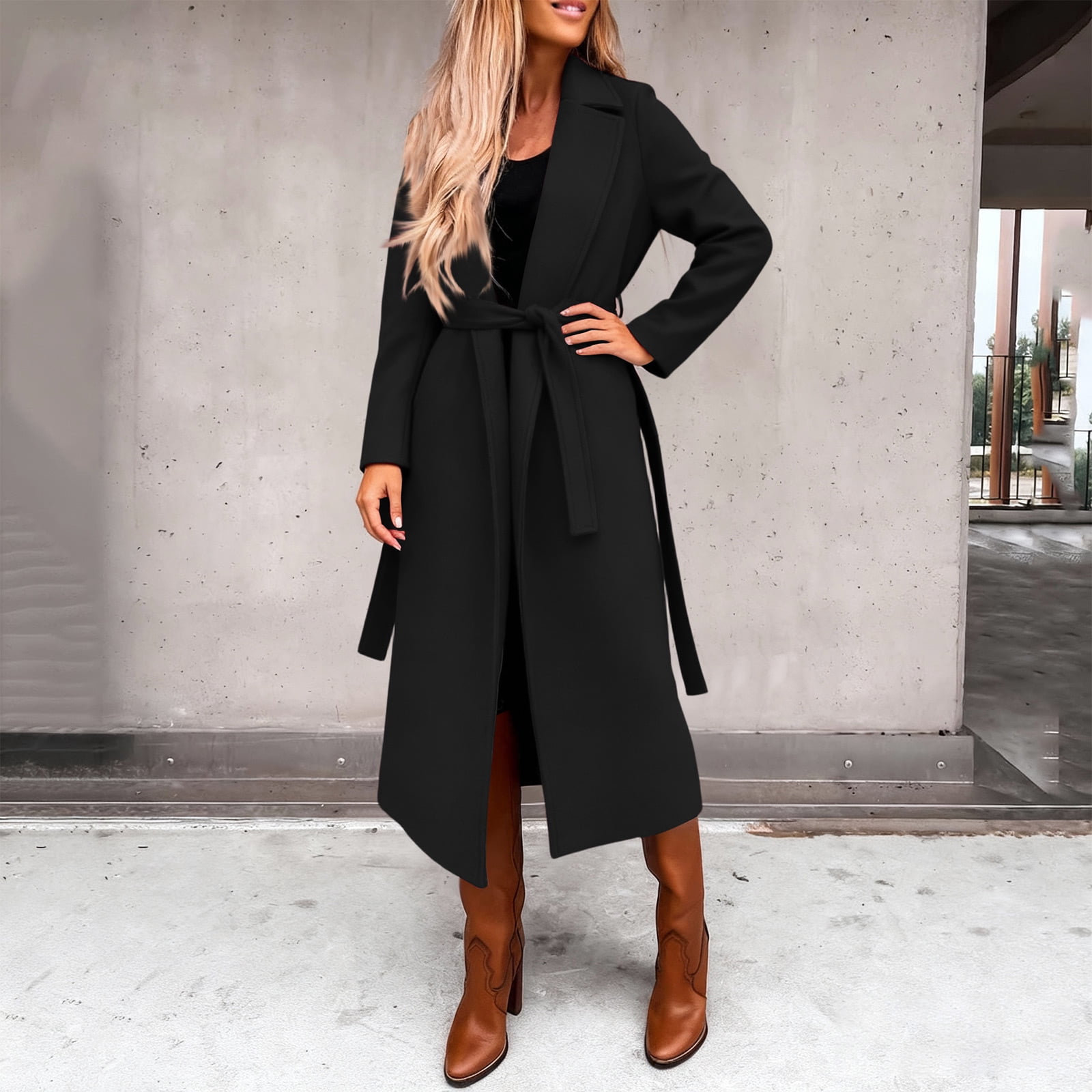 CCRFTGI Coats for Women Casual Belted Wool Trench Mid Long Pea