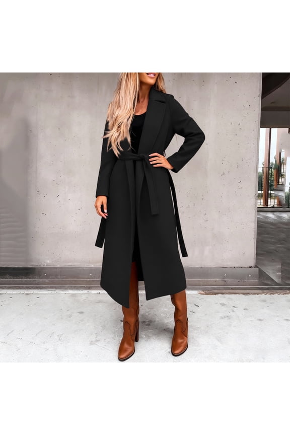 Coats for Women Casual Belted Wool Trench Mid Long Pea Coats Trendy Lapel Collar Coat Winter Jacket Outwear with Belt Black 3XL
