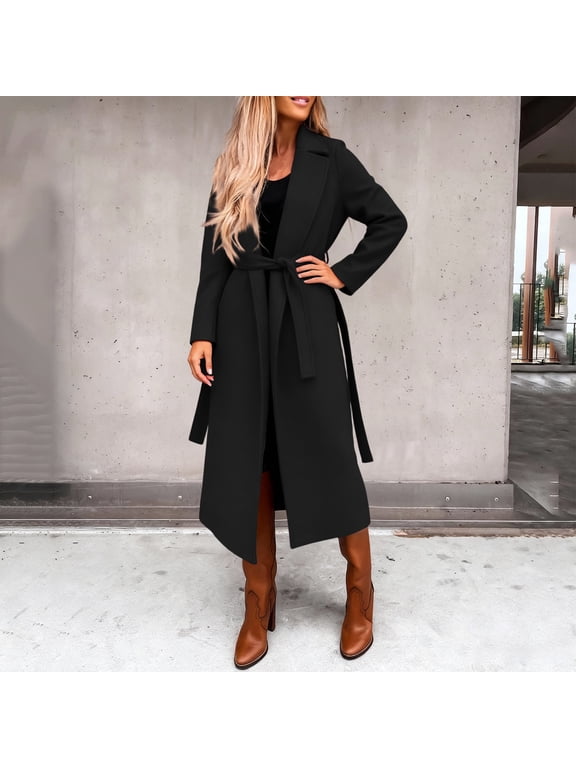 Coats for Women Dressy Casual Belted Woolen Blend Trench Mid-Long Coat Fashion Lapel Collar Coat Warm Overcoat with Belt Black S