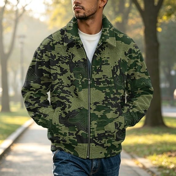 CCRFTGI Corduroy Jackets for Men Bomber Full Zip Casual Vintage Collared Long Sleeve Camo Outdoor Fall Winter Coats for Men Dark Green M