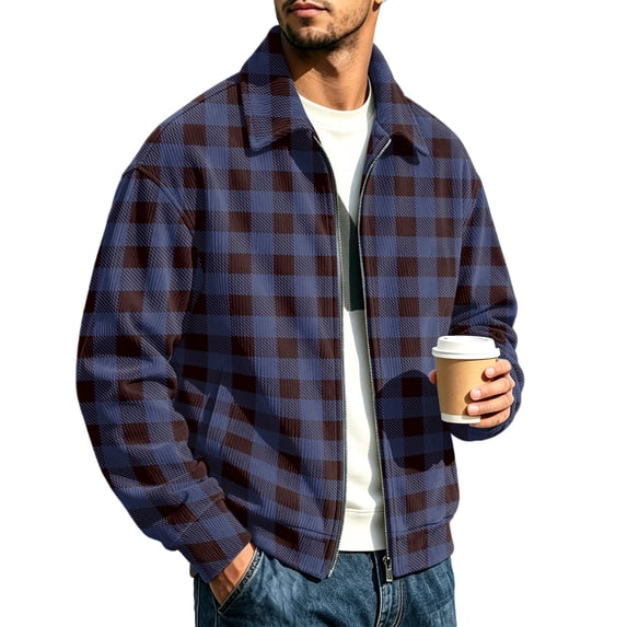 CCRFTGI Corduroy Jackets for Men Zip Up Bomber Casual Vintage Long Sleeve Lapel Collar Plaid Work Fall Winter Coats for Men Navy L