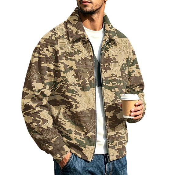 CCRFTGI Corduroy Jackets for Men Zip Up Bomber Vintage Casual Long Sleeve Lapel Collar Camo Relaxed Fit Fall Winter Jacket Brown S