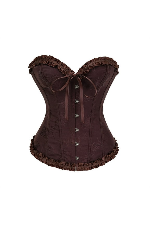 Corset Tops for Women Lace Up Sexy Bustiers Light Waist Cincher Satin Overbust Classic Strapless Corset Top Brown 2XL