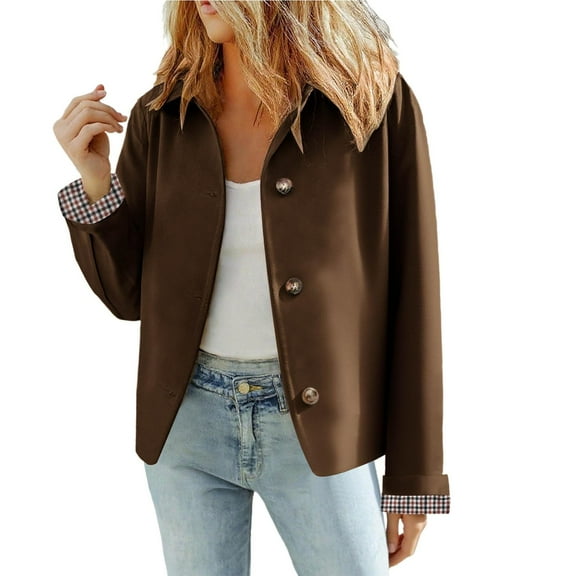 CCRFTGI Cropped Trench Coat Women Lightweight Plaid Lining Lapel Fall Jacket Outwear Trendy Button Down Classic Single Breasted Windbreaker Coffee XXL