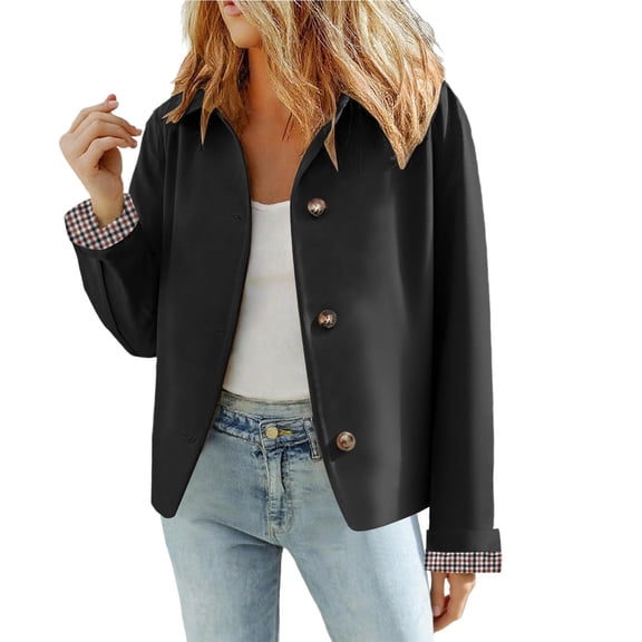 CCRFTGI Cropped Trench Coat Women Lightweight Plaid Lining Lapel Fall Jacket Outwear Trendy Button Up Classic Single Breasted Windbreaker Black XL