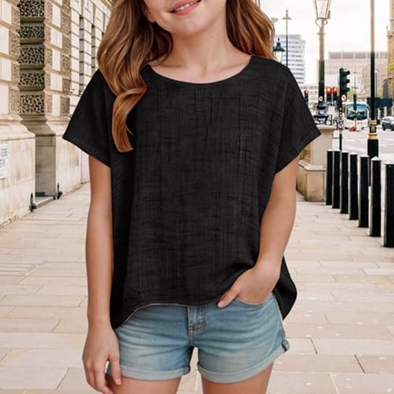 CCRFTGI Cute Linen Shirts for Children Girls Size 10-12 Short Sleeve Oversized Boho Crew Neck Summer Soft Tunic Blouses Beach Loose Comfy Girls Fashion Tops Black 7-8 Years