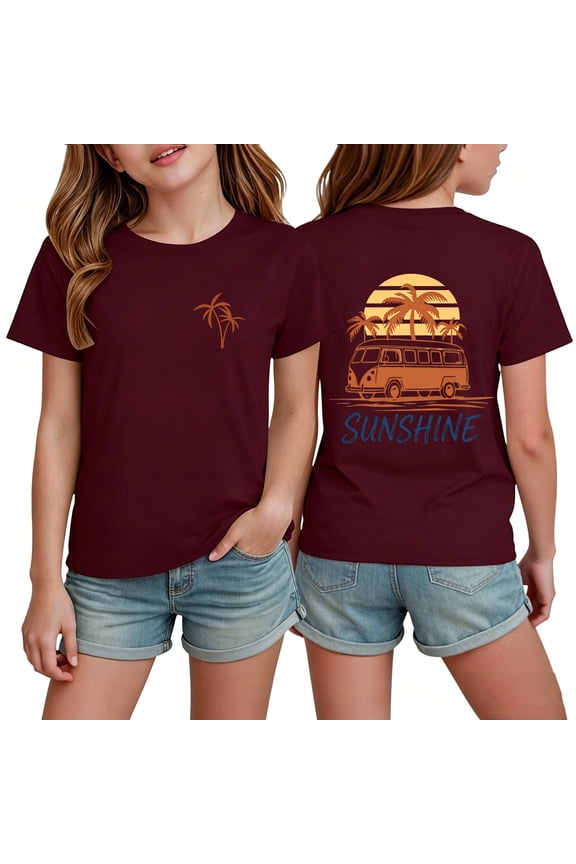 Cute Shirt for Girls Size 7 Hawaiian Tropic Sunshine Letter Print Beach Vacation T-Shirt Short Sleeve Summer Shirts Preppy Girls Clothes Tee Tops Wine 9-10 Years