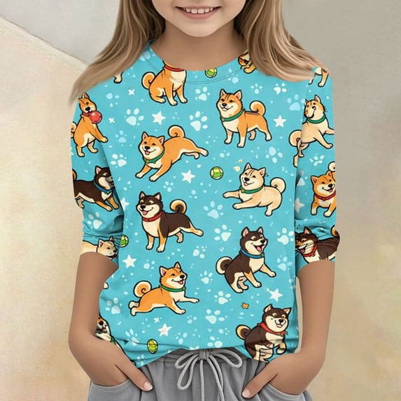CCRFTGI Cute Shirts for Girls Size 10-12 Summer 3/4 Sleeve Animal Print Tee Shirts Casual Loose Comdy Clothes for Teen Girls Crew Neck T-Shirts Sky Blue 7-8 Years