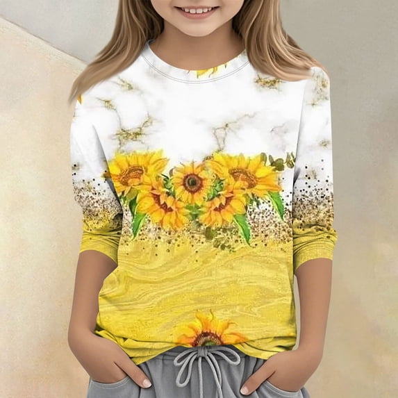 CCRFTGI Cute Shirts for Girls Size 10-12 Summer 3/4 Sleeve Sunflower Graphic Printed Tee Tops Trendy Soft Lightweight Clothes for Teen Girls Crew Neck Shirts Ginger 9-10 Years