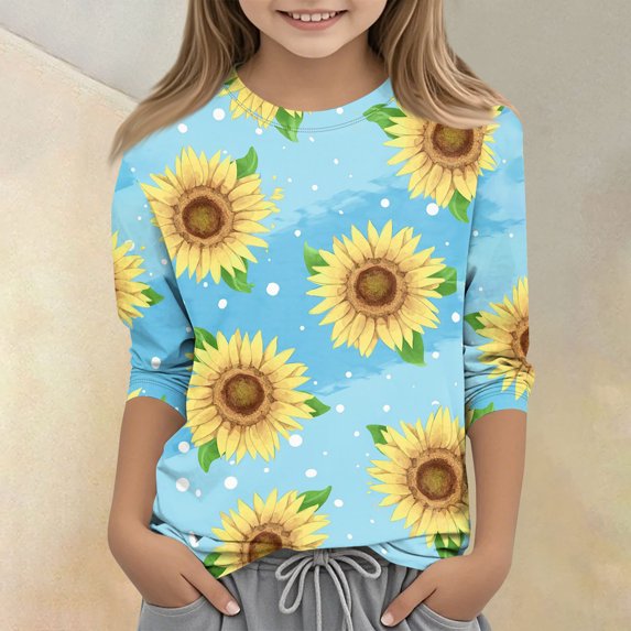 CCRFTGI Cute Shirts for Girls Size 6 Summer 3/4 Sleeve Sunflower Graphic Printed Tee Tops Casual Loose Comdy Girls Clothes Crew Neck Shirts Sky Blue 3-4 Years