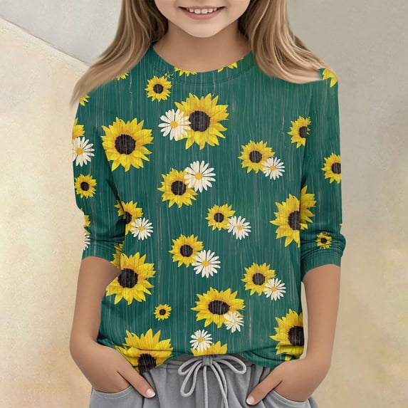 CCRFTGI Cute Shirts for Kids Girls Size 10-12 3/4 Sleeve Sunflower Print Tween Girls Trendy Clothes Tee Shirts Summer Trendy Soft Lightweight Crew Neck T-Shirts Dark Green 12-13 Years