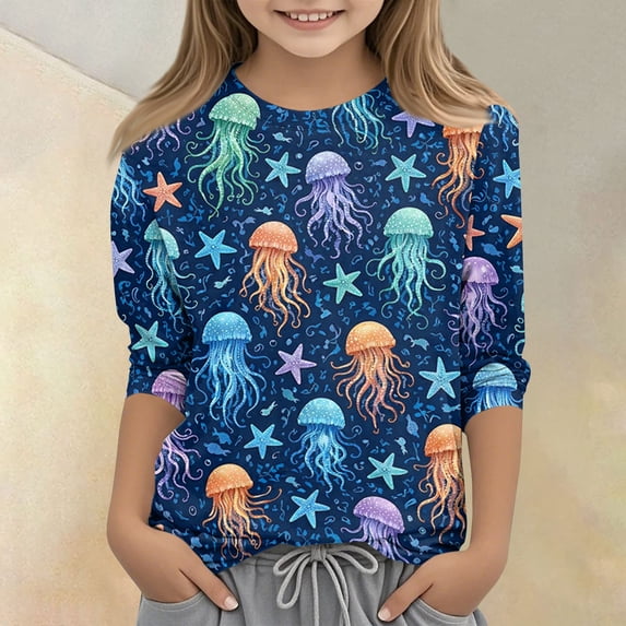 CCRFTGI Cute Shirts for Kids Girls Size 10-12 Summer 3/4 Sleeve Animal Print Tee Shirts Casual Loose Comdy Girls Fashion Crew Neck T-Shirts Dark Blue 3-4 Years