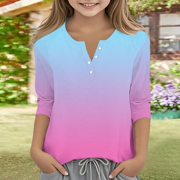 CCRFTGI Cute Shirts for Kids Girls Size 10-12 Summer 3/4 Sleeve Button V Neck Gradient Tee Shirts Casual Soft Lightweight Tween Girls Trendy Clothes Basic T-Shirts Sky Blue 3-4 Years