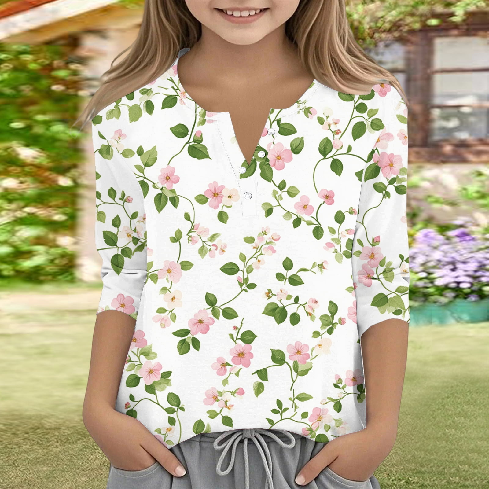 CCRFTGI Cute Shirts for Kids Girls Size 6 3/4 Sleeve Button V Neck ...