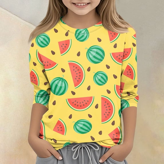 CCRFTGI Cute Shirts for Kids Girls Size 6 3/4 Sleeve Fruit Print Clothes for Teen Girls Tee Shirts Summer Trendy Loose Comdy Crew Neck T-Shirts Yellow 7-8 Years