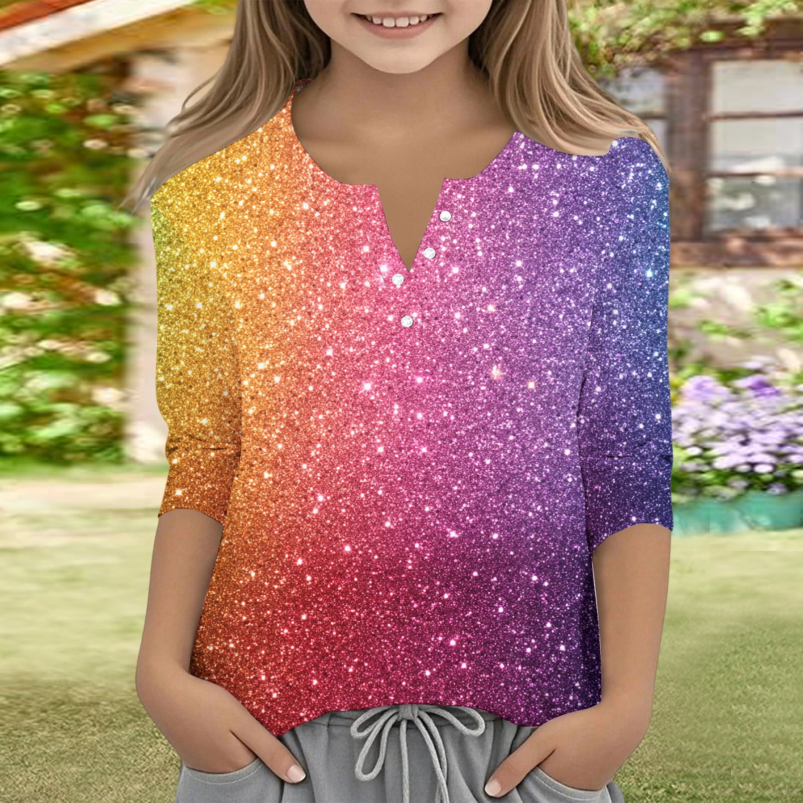 CCRFTGI Cute Shirts for Kids Girls Size 6 Summer 3/4 Sleeve Button V ...