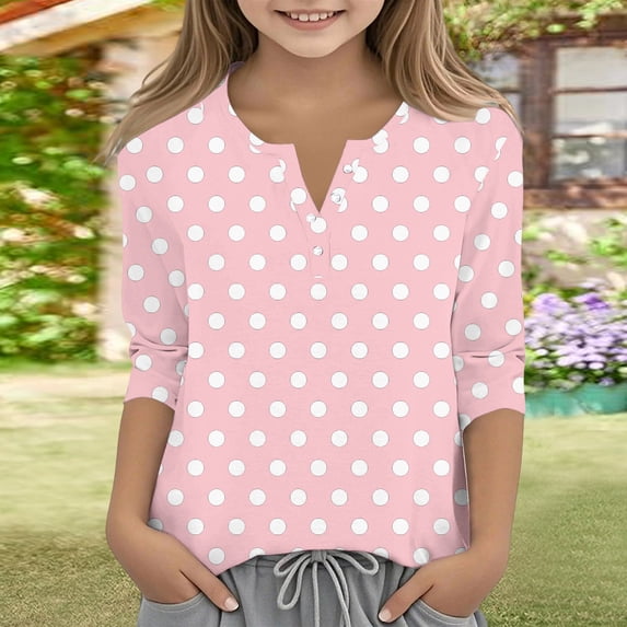 CCRFTGI Cute Shirts for Kids Girls Size 7-8 Summer 3/4 Sleeve Button V Neck Polka Dots Tee Tops Trendy Loose Comdy Tween Girls Trendy Clothes Basic Shirts Pink 12-13 Years