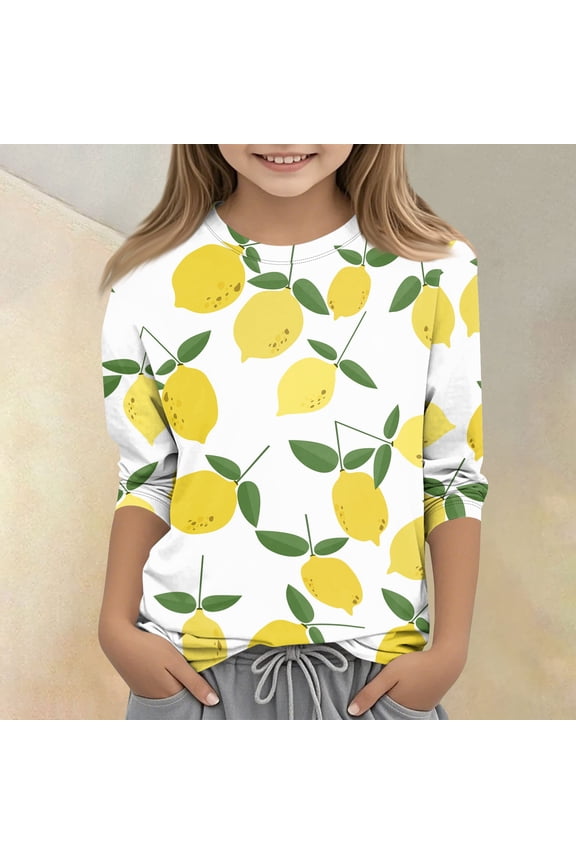 Cute Shirts for Kids Girls Size 7-8 Summer 3/4 Sleeve Fruit Print Tee Tops Casual Soft Lightweight Girls Fashion Crew Neck T-Shirts Ginger 7-8 Years