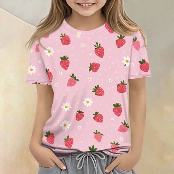 CCRFTGI Cute Shirts for Girls Size 7-8 Summer Short Sleeve Fruit Print Tee Tops Casual Loose Comdy Girls Fashion Crew Neck Shirts Pink 3-4 Years