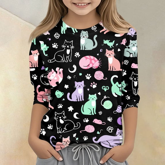 CCRFTGI Cute Teen Girl Shirts Size 10-12 Summer 3/4 Sleeve Animal Print Tee Tops Trendy Loose Comdy Clothes for Teen Girls Crew Neck Shirts Black 9-10 Years