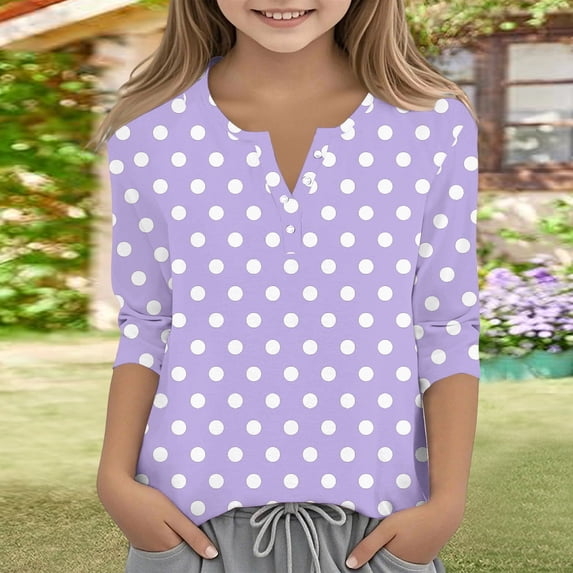CCRFTGI Cute Teen Girl Shirts Size 10-12 Summer 3/4 Sleeve Button V Neck Polka Dots Tee Tops Casual Loose Comdy Girls Clothes Basic T-Shirts Light Purple 12-13 Years