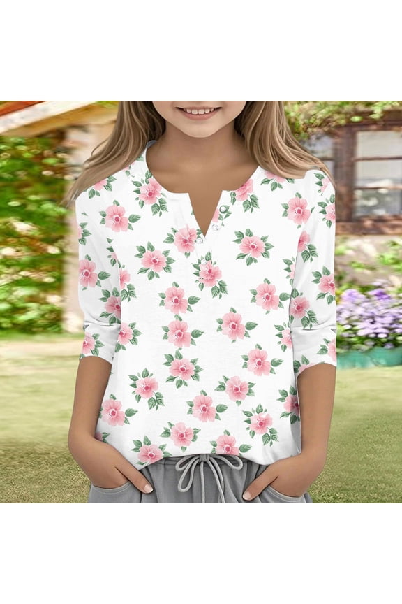 Cute Teen Girl Shirts Size 7 Summer 3/4 Sleeve Button V Neck Floral Print Tee Shirts Trendy Loose Comdy Clothes for Teen Girls Basic T-Shirts Watermelon Red 9-10 Years