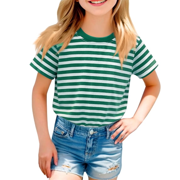 CCRFTGI Cute Tops for Kids Girls 10-12 Short Sleeve Army Green Striped Summer Casual T-Shirts Trendy Lightweight Girls Clothes Tshirts Army Green 9-10 Years