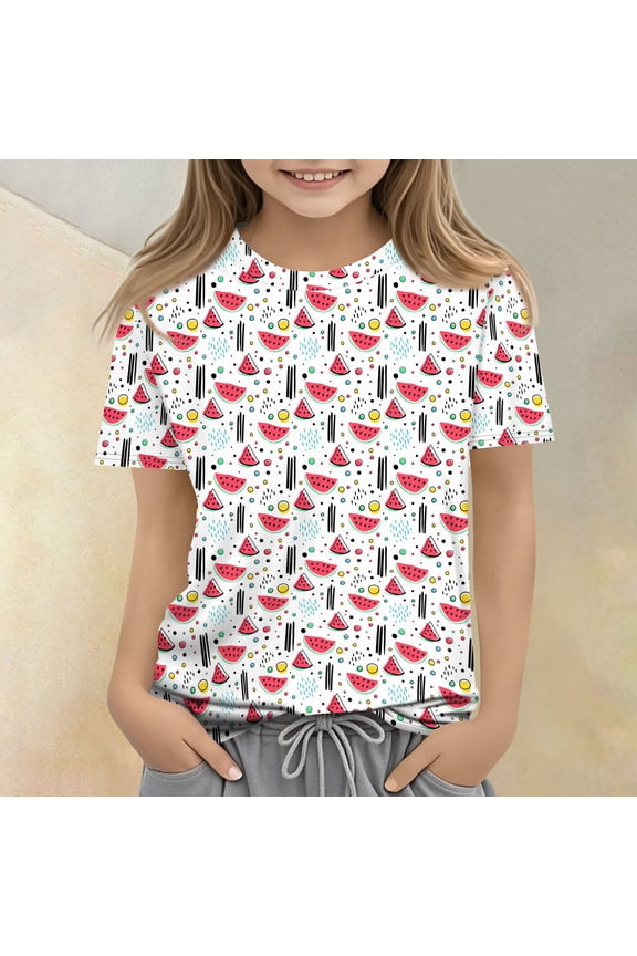 Cute Tops for Kids Girls 10-12 Short Sleeve Fruit Print Girls Fashion Tee Tops Summer Casual Soft Lightweight Crew Neck T-Shirts White 5-6 Years