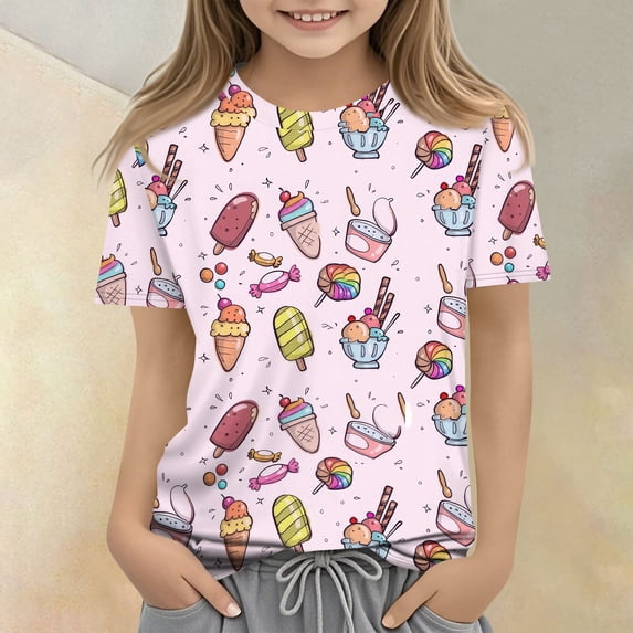 CCRFTGI Cute Tops for Kids Girls 10-12 Summer Short Sleeve Food Graphic Tee Tops Trendy Loose Comdy Clothes for Teen Girls Crew Neck Shirts Pink 2-3 Years