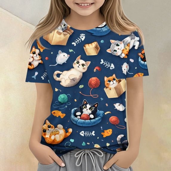 CCRFTGI Cute Tops for Kids Girls Size 10-12 Short Sleeve Animal Print Clothes for Teen Girls Tee Shirts Summer Trendy Loose Comdy Crew Neck T-Shirts Navy 5-6 Years